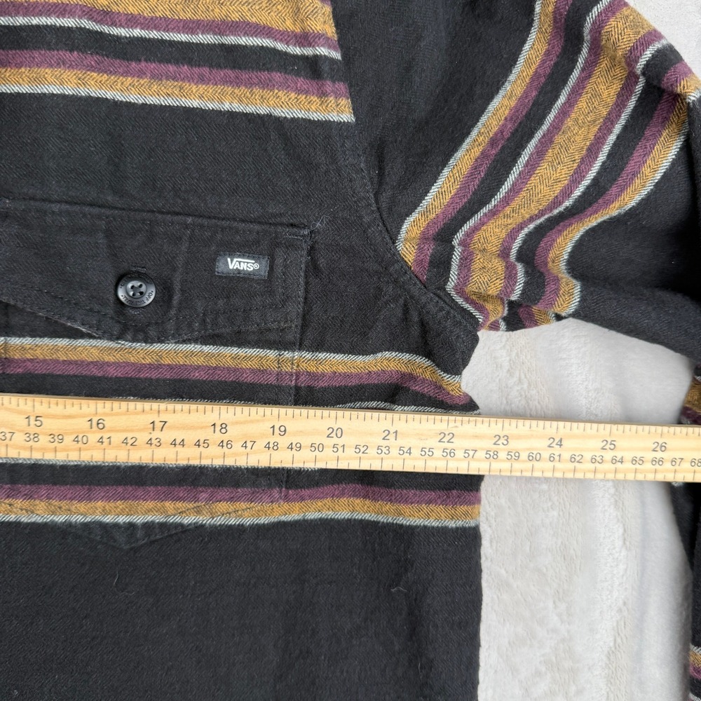 Vans Mens Large Hooded Flannel Shirt Black Gold Burgundy Striped Button Up L - Picture 5 of 5